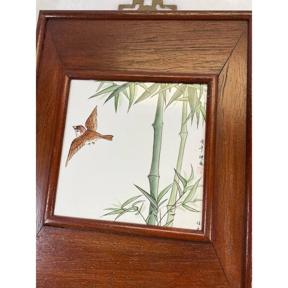 Vintage Signed Chinese Hand Painted Landscape Porcelain Tiles Birds Brass Hanger - Picture 6 of 10
